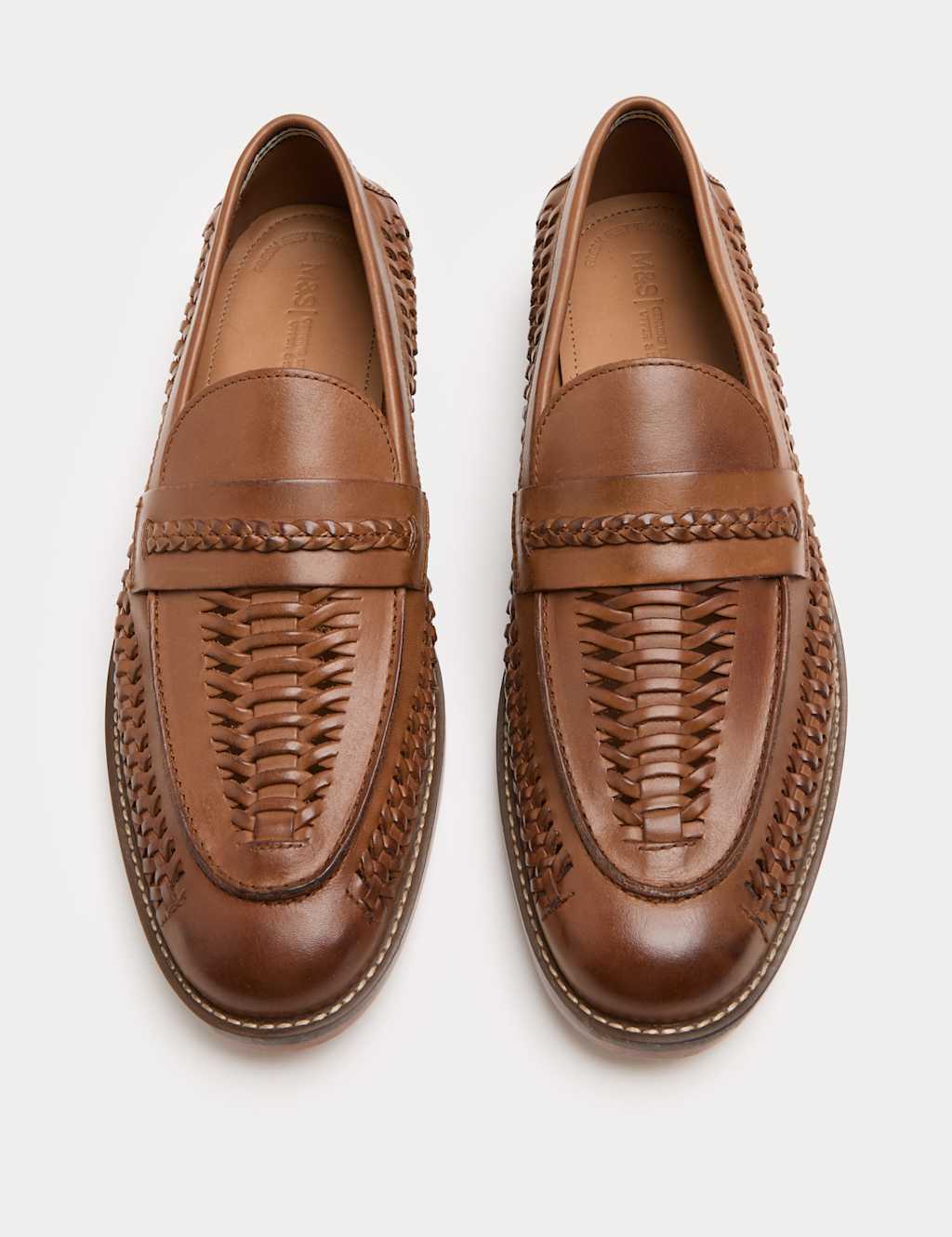 M&S Men's Leather Woven Loafers - 12 - Tan