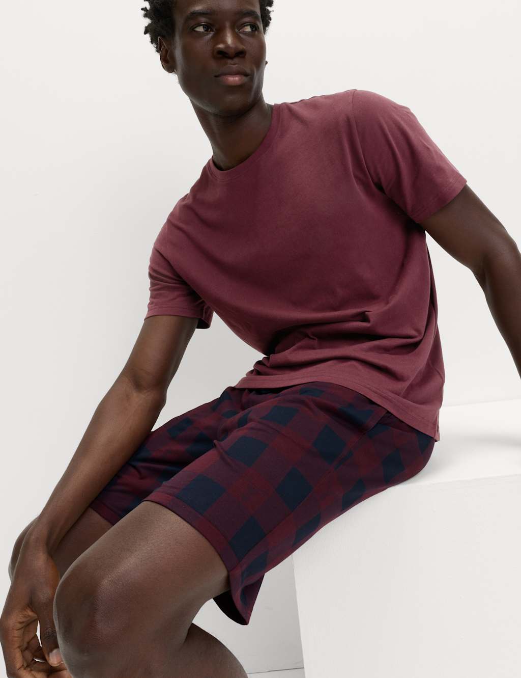 M&S Pure Cotton Checked Pyjama Set Burgundy Mix