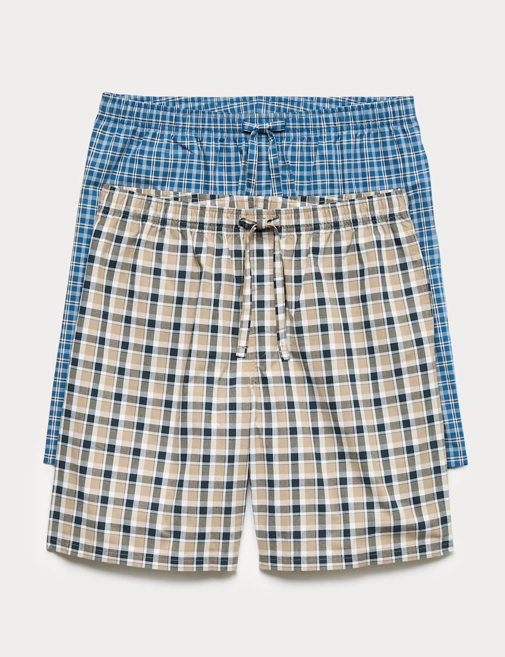 M&S Men's 2 Pack Pure Cotton Checked Pyjama Shorts - L - Blue Mix