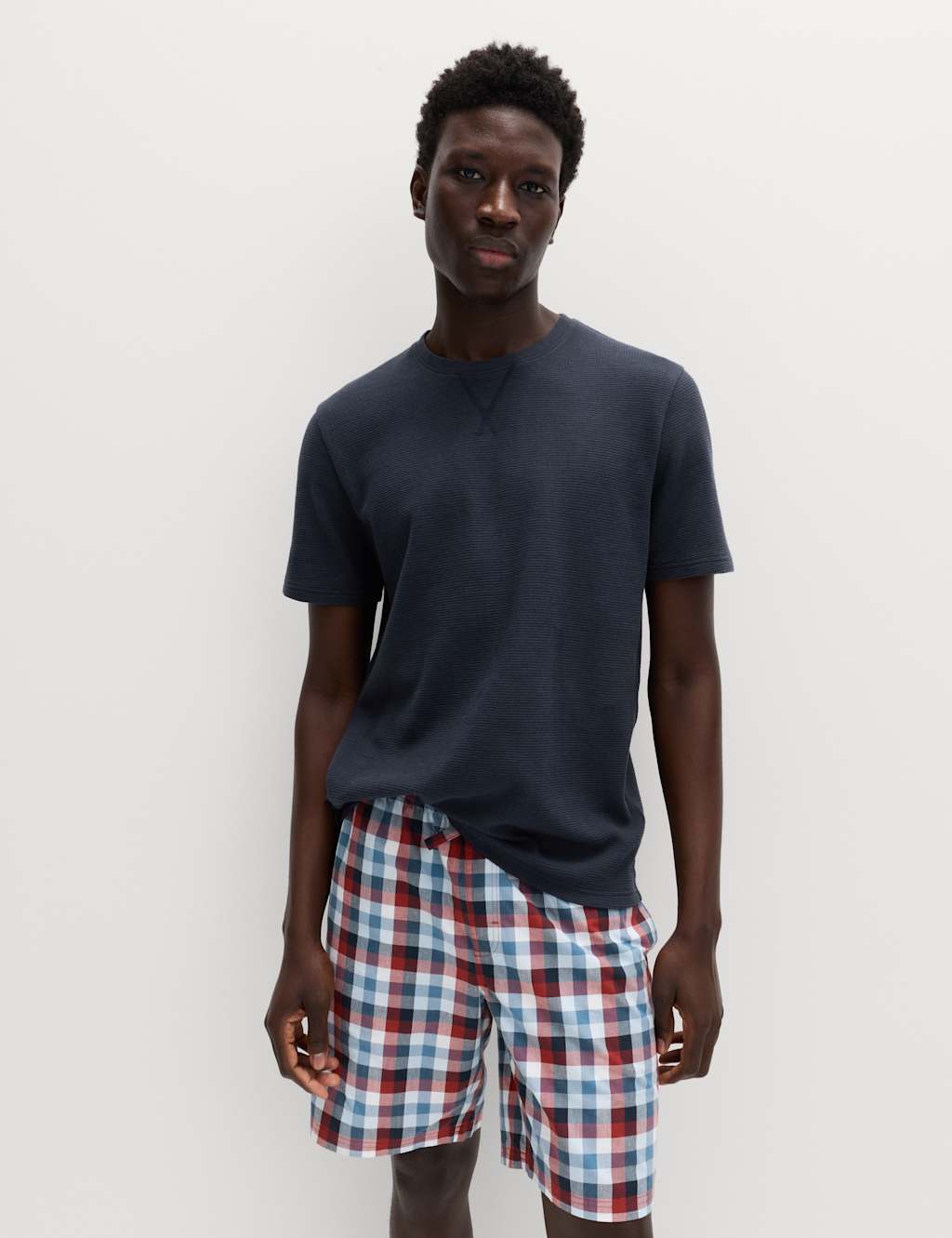 M&S Men's Pure Cotton Checked Pyjamas Set - 2XL - Navy Mix