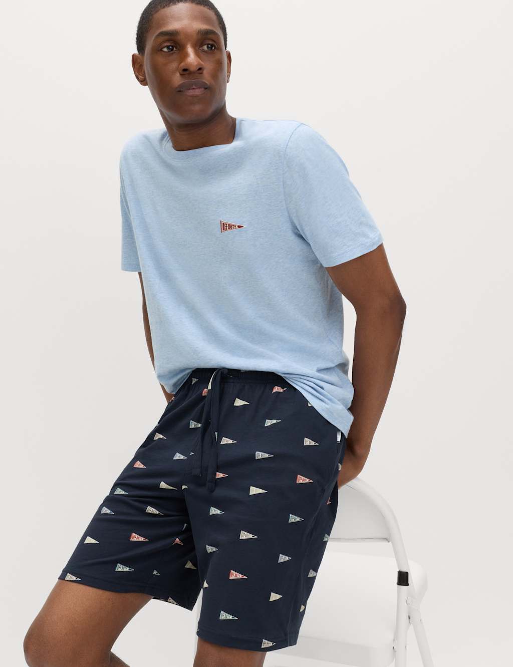 M&S Men's Pure Cotton Off Duty Pyjama Set - 2XL - Blue Mix