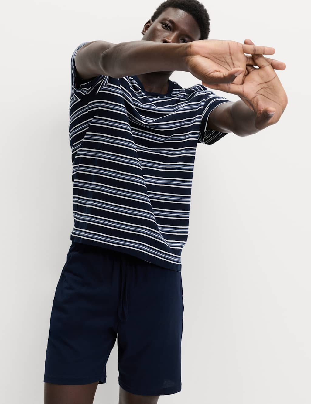 M&S Pure Cotton Striped Pyjama Set Navy Mix