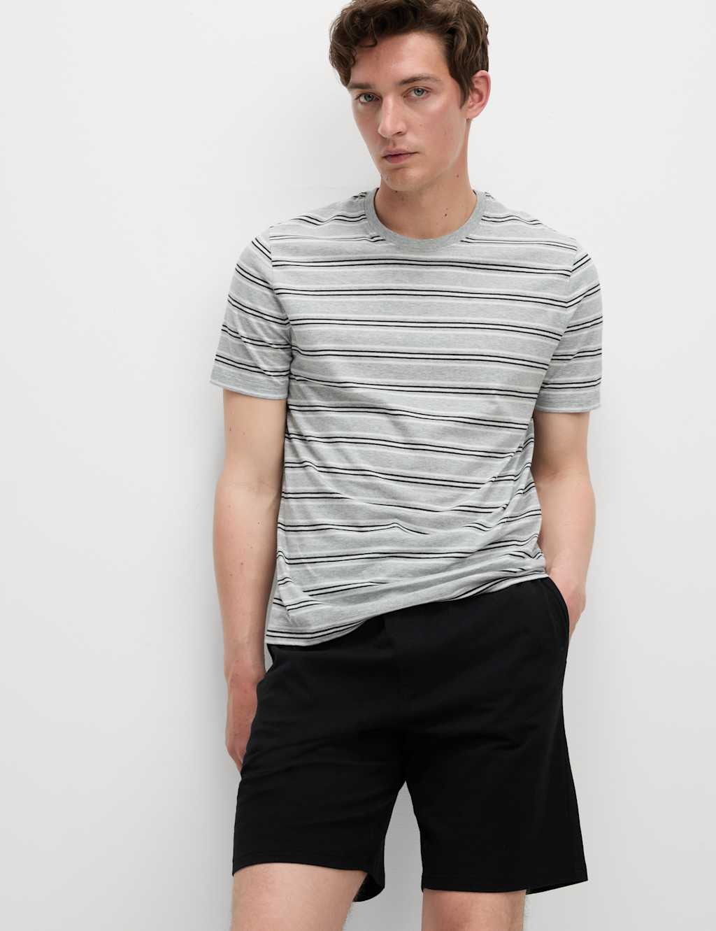 M&S Pure Cotton Striped Pyjama Set Grey Mix