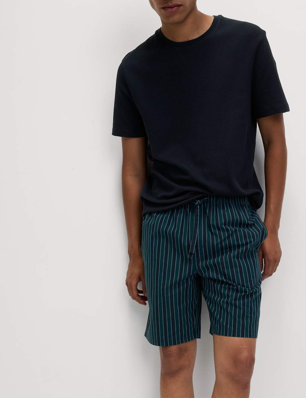 M&S Pure Cotton Waffle Striped Pyjama Set Navy Mix