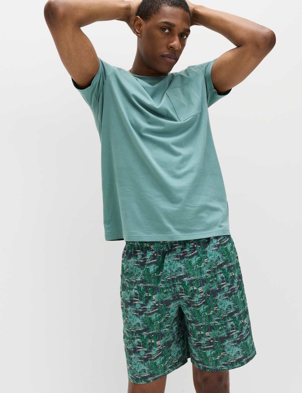 M&S Men's Pure Cotton Cactus Print Pyjama Set - S - Teal Mix