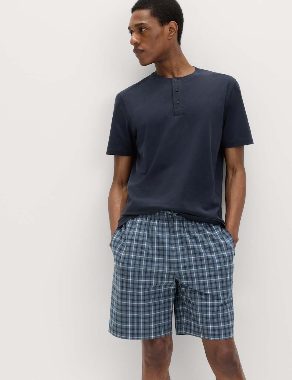 M&S Men's Pure Cotton Henley Checked Pyjama Set - 3XL - Navy Mix