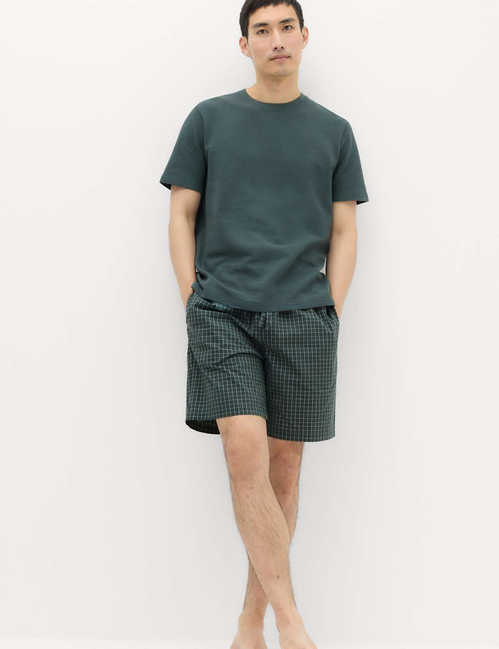 M&S Men's Cotton Rich Waffle Checked Pyjama Set - L - Green Mix