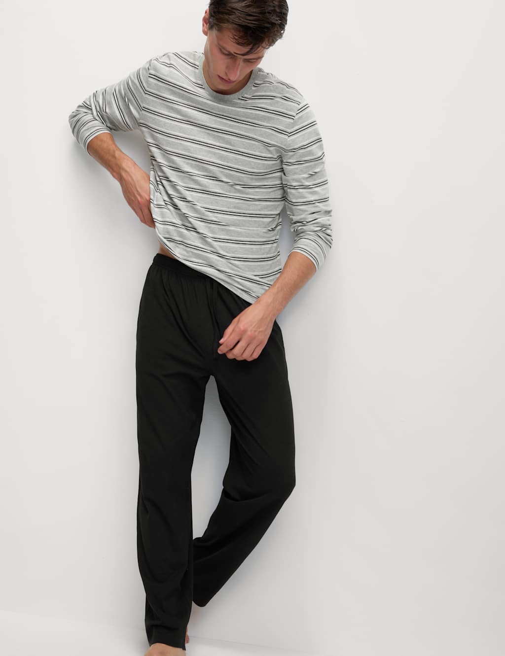 M&S Pure Cotton Striped Pyjama Set Grey Mix