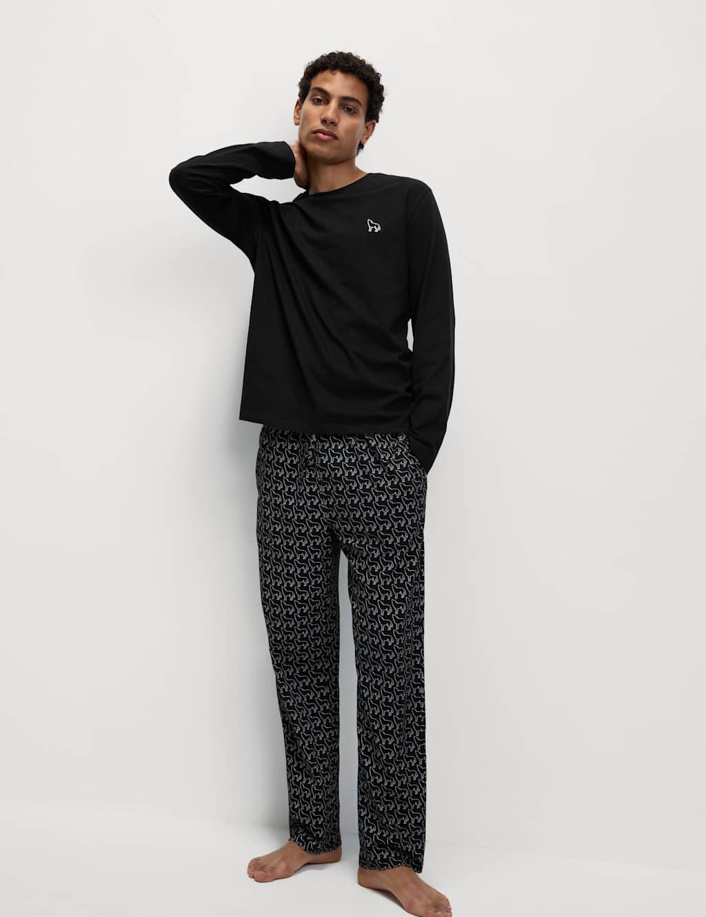 M&S Pure Cotton Wolf Print Pyjama Set Black Mix