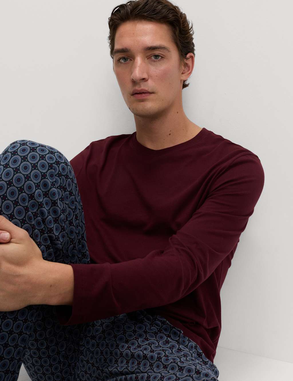 M&S Pure Cotton Geometric Print Pyjama Set Burgundy