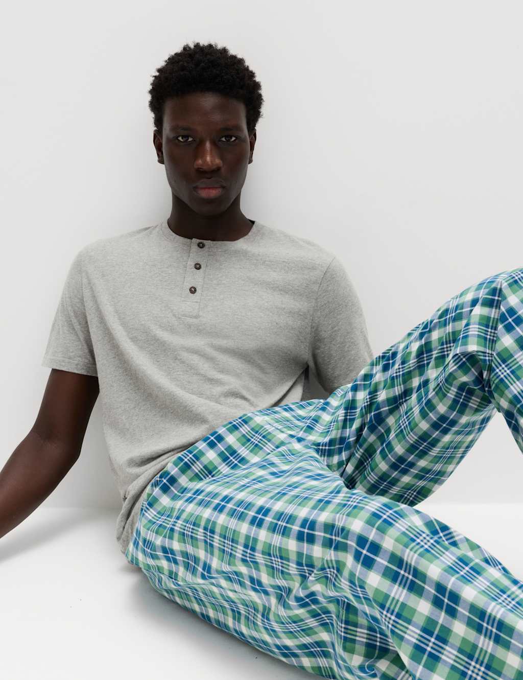 M&S Men's Pure Cotton Henley Checked Pyjama Set - S - Grey Mix