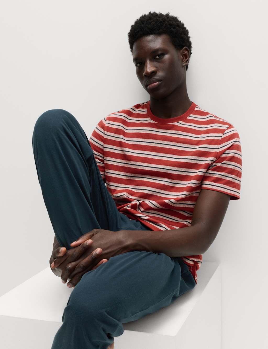 M&S Men's Pure Cotton Textured Stripe Pyjama Set - M - Orange Mix