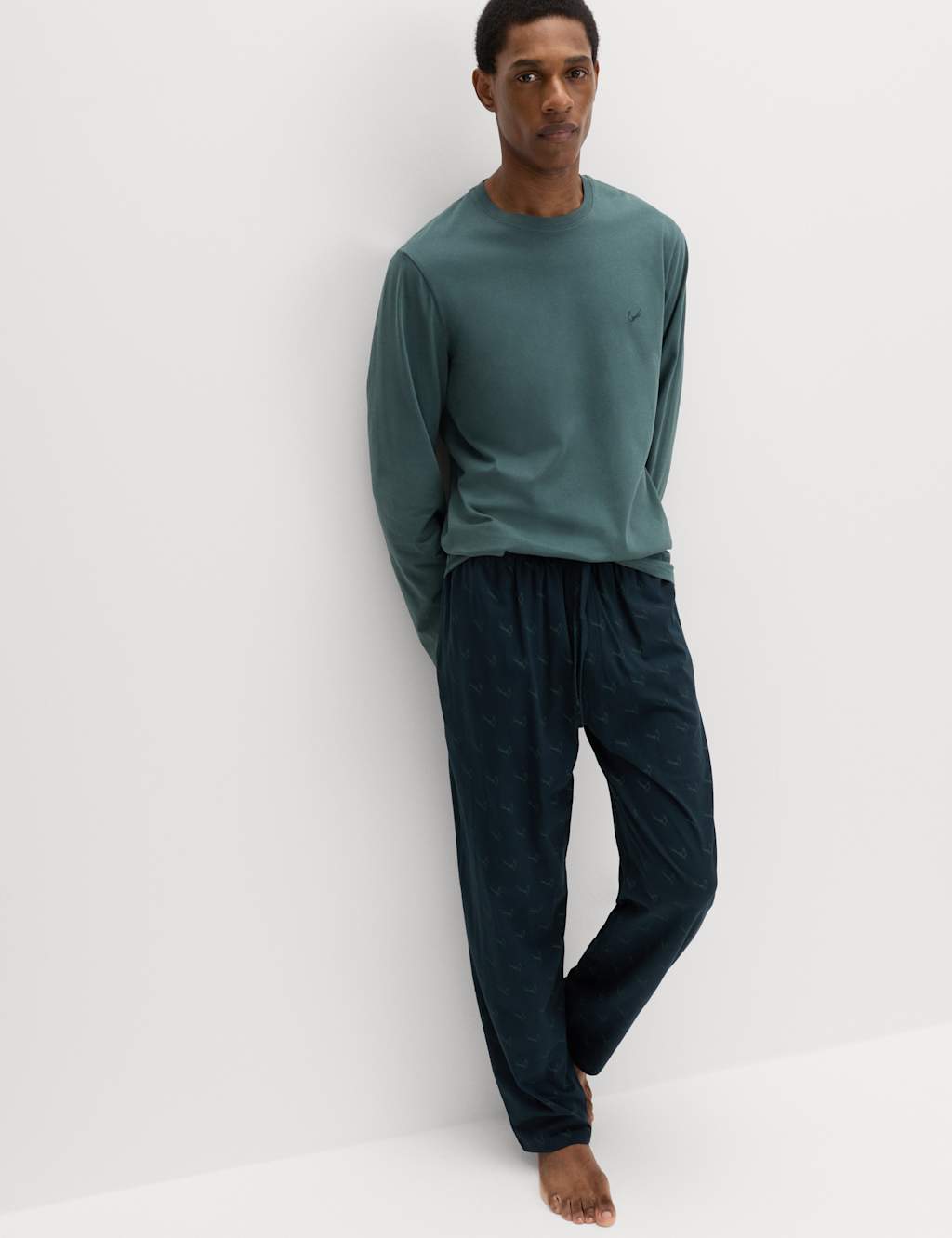 M&S Men's Pure Cotton Pheasant Print Pyjama Set - M - Green Mix