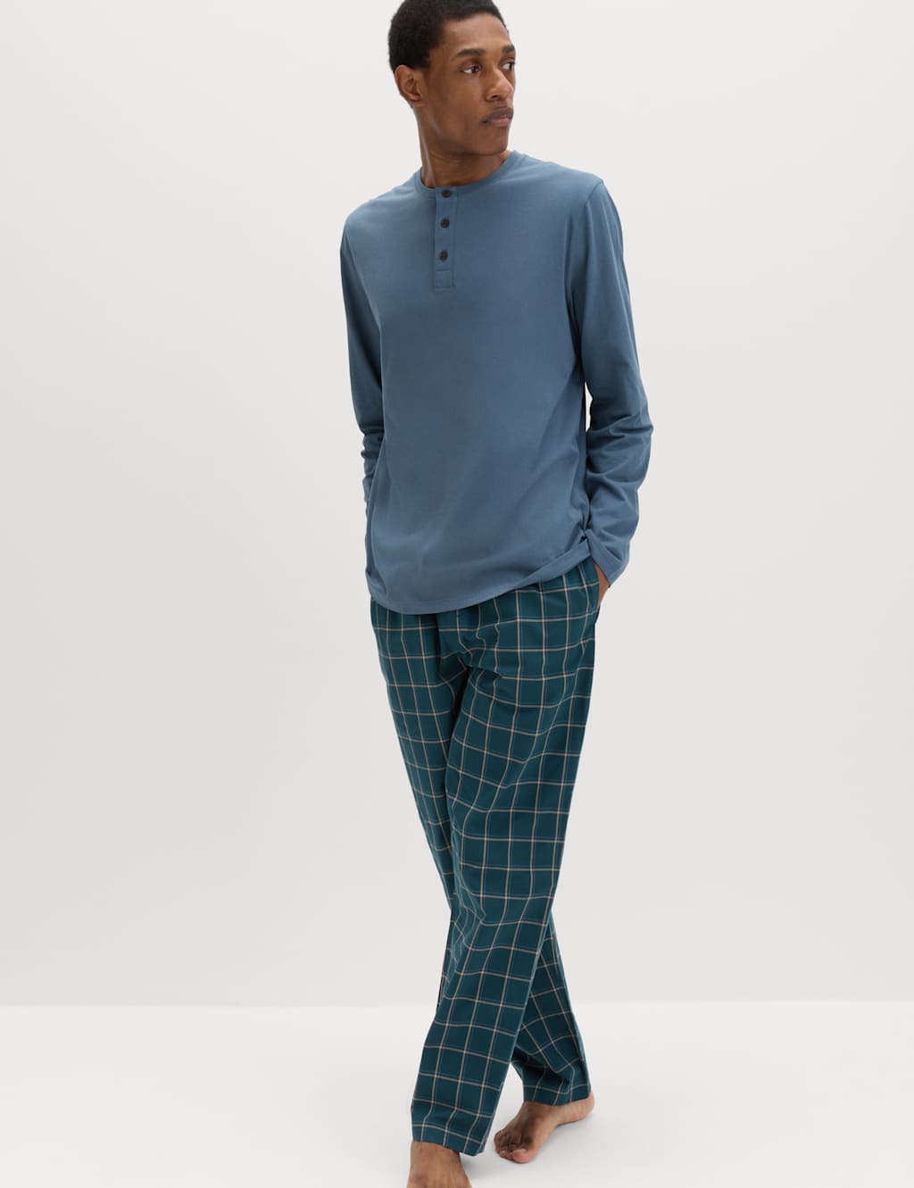 M&S Men's Pure Cotton Henley Checked Pyjama Set - M - Blue Mix