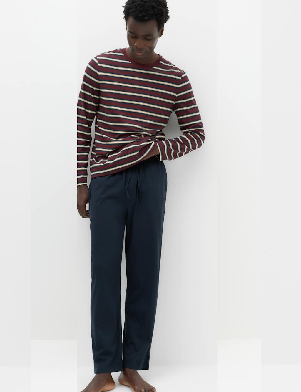 M&S Men's Pure Cotton Striped Pyjama Set - 2XL - Burgundy Mix