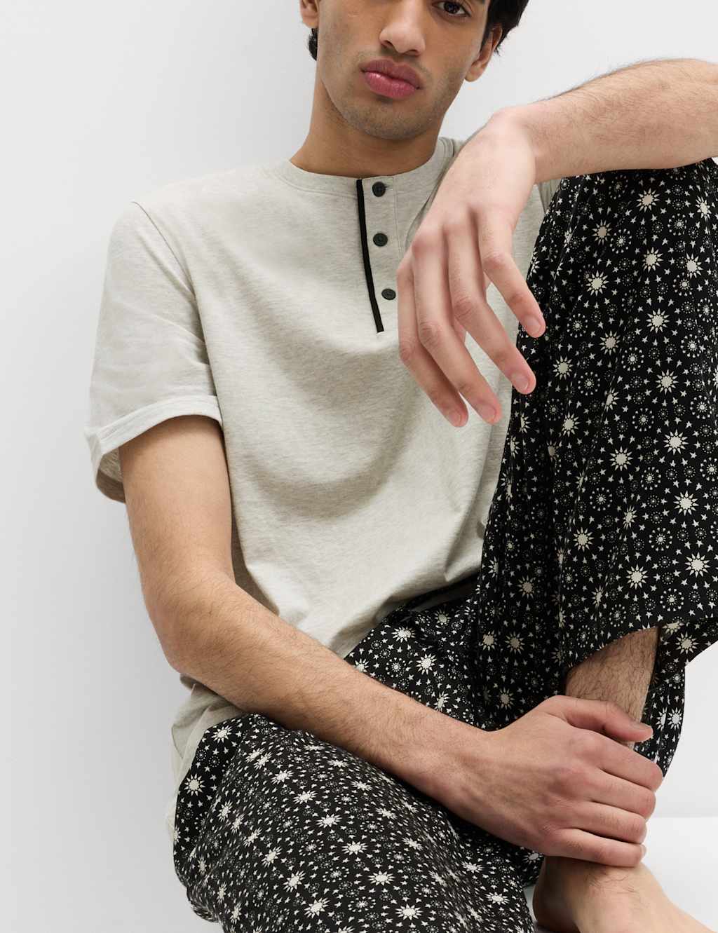 M&S Men's Pure Cotton Eid Printed Henley Pyjama Set - M - Black Mix