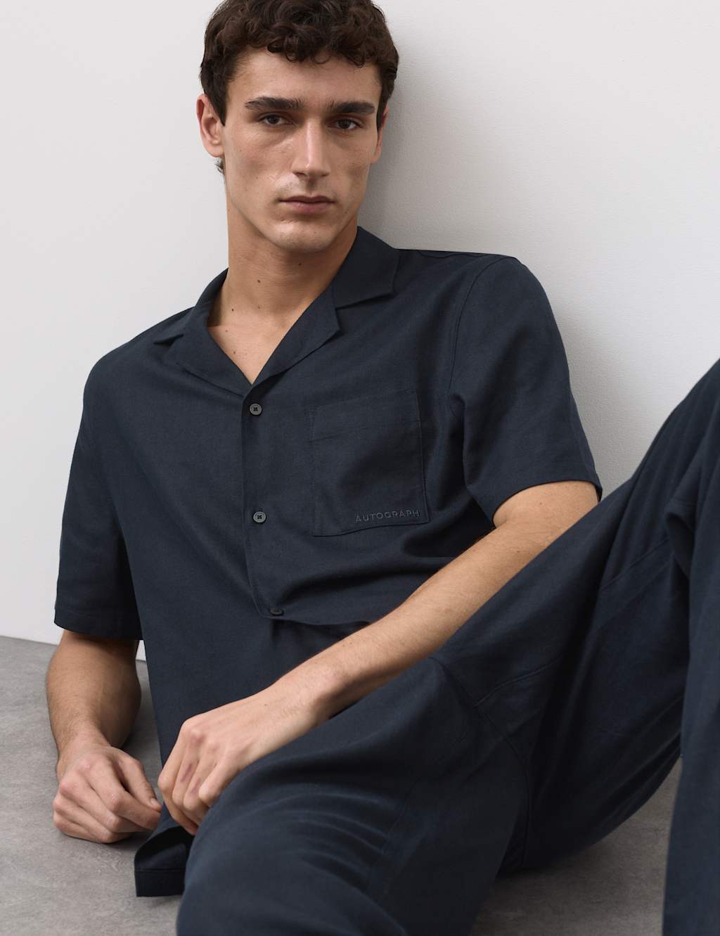 Autograph Men's Linen Blend Revere Pyjama Top - L - Dark Navy