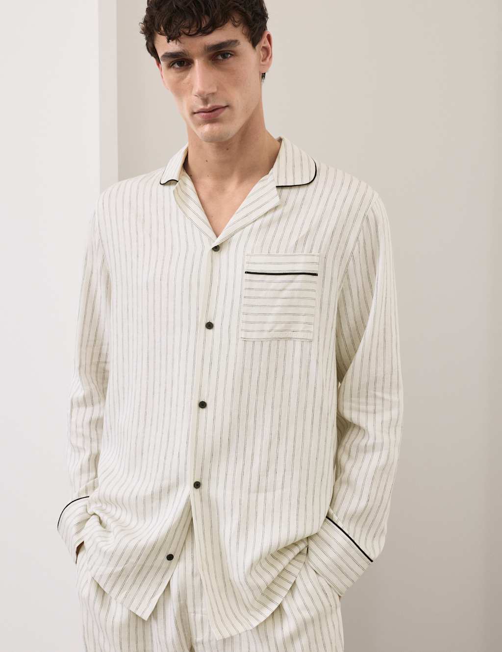 Autograph Men's Linen Rich Striped Pyjama Top - 3XL - Ecru Mix
