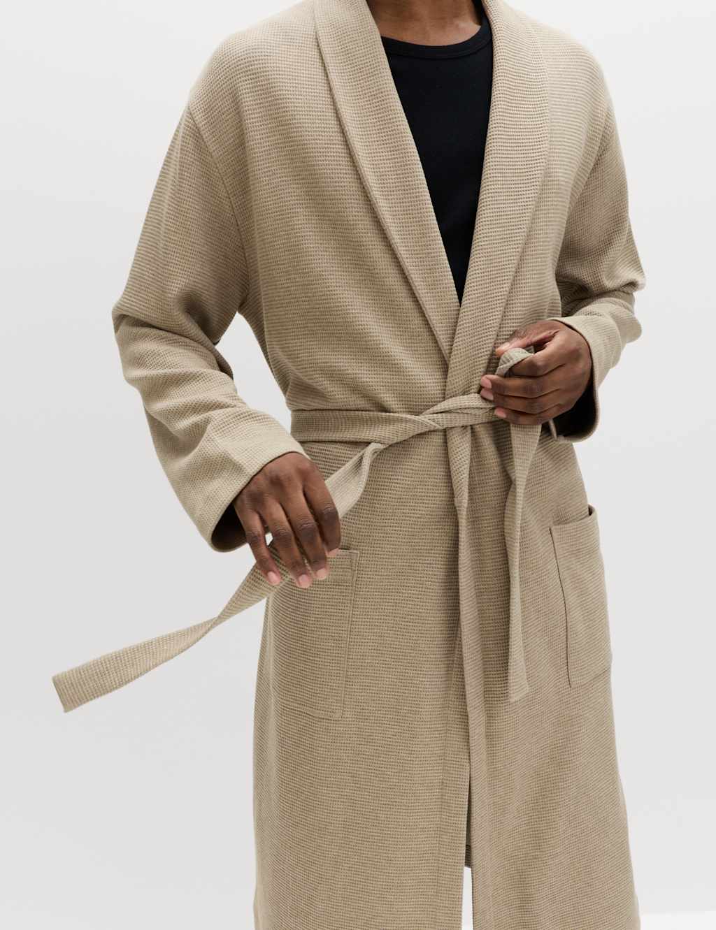 M&S Men's Pure Cotton Waffle Lightweight Dressing Gown - L - Neutral