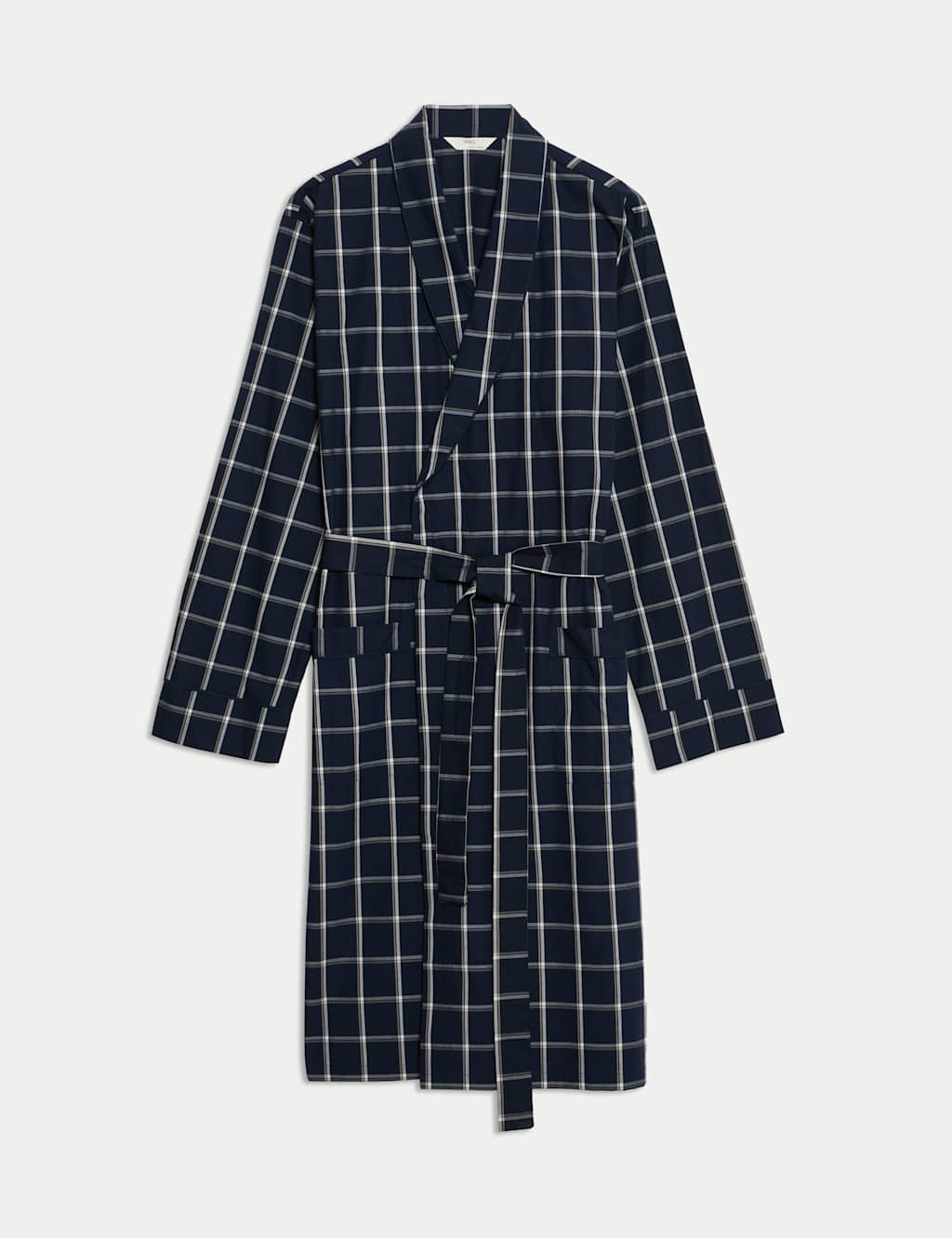 M&S Men's Pure Cotton Checked Dressing Gown - S - Navy Mix