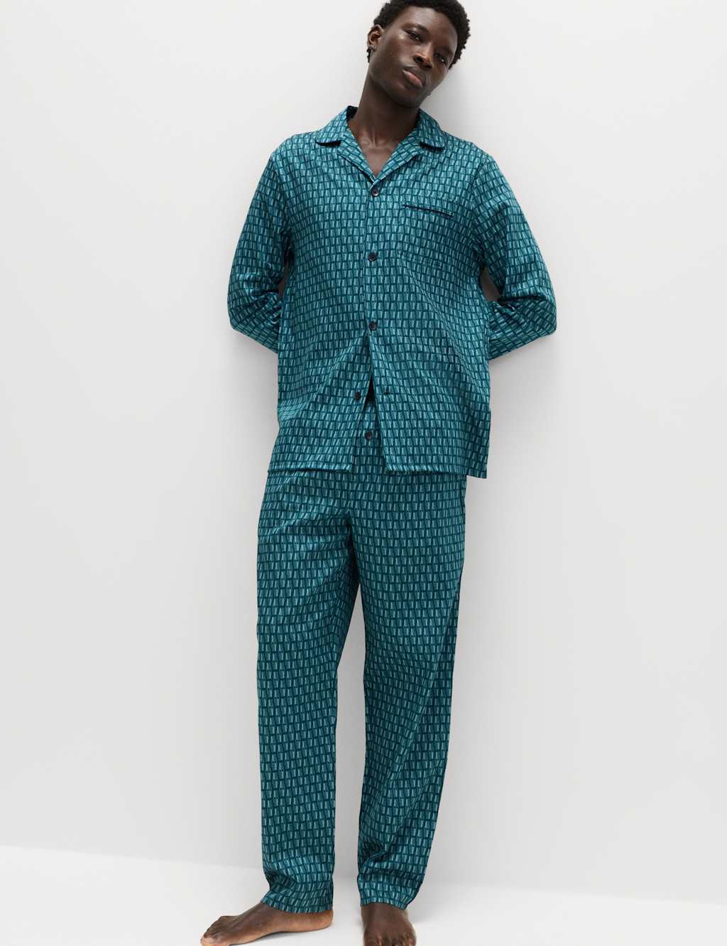 M&S Men's Pure Cotton Geometric Print Pyjama Set - S - Green Mix