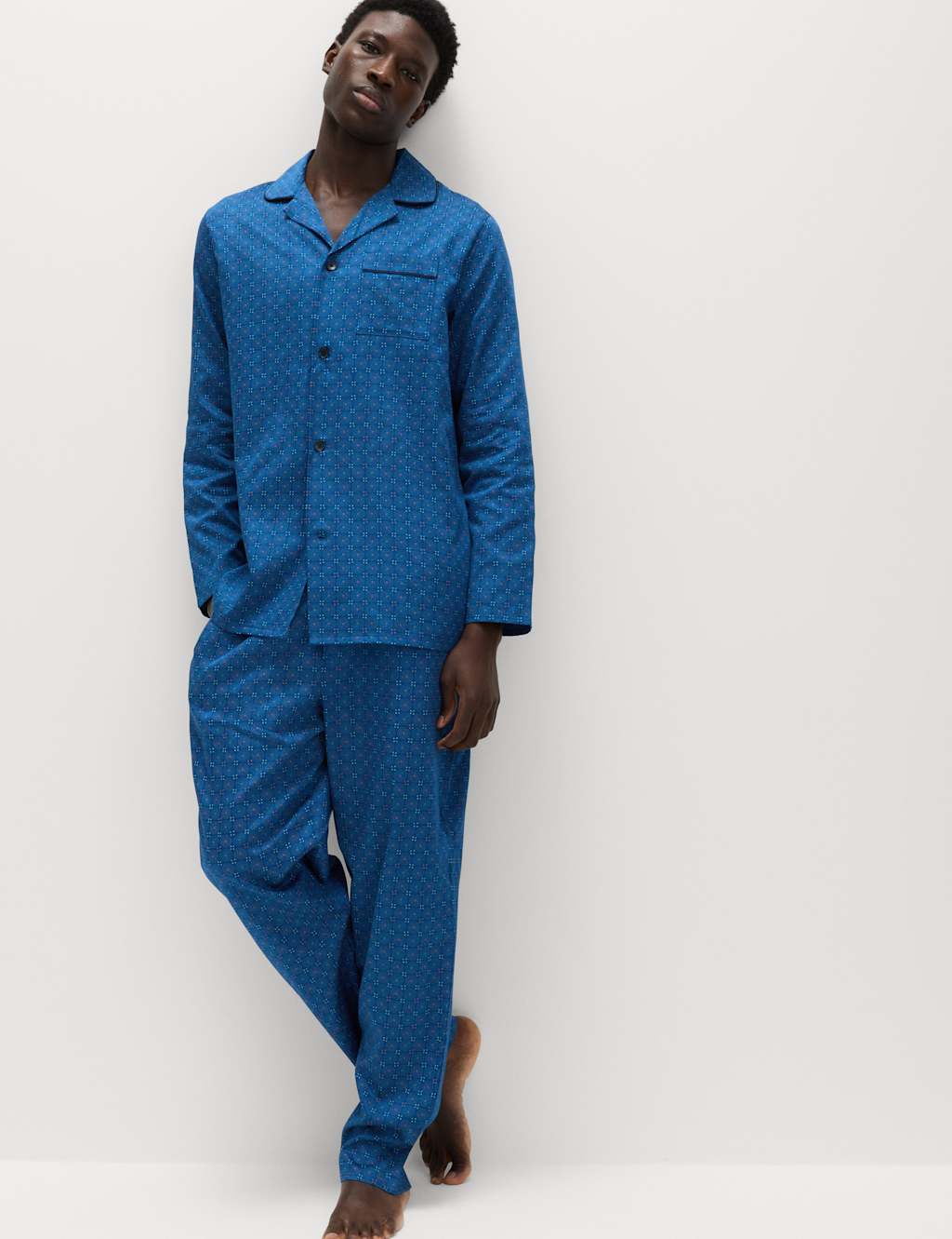 M&S Men's Pure Cotton Foulard Print Pyjama Set - L - Blue Mix