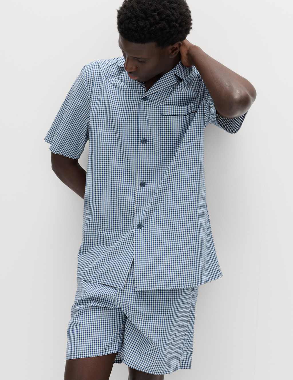 M&S Men's Pure Cotton Gingham Pyjama Set - S - Blue Mix