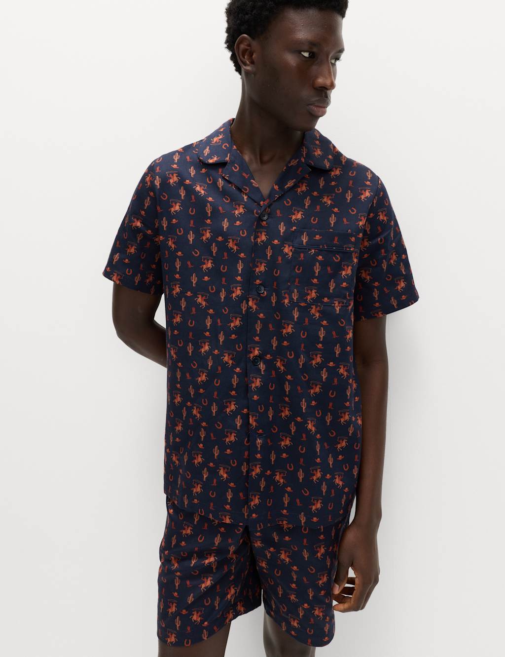 M&S Men's Pure Cotton Cowboy Print Pyjama Set - 3XL - Rust Mix