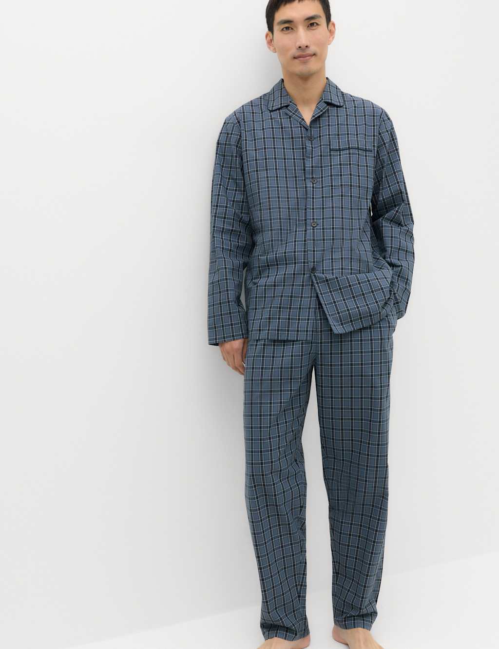 M&S Men's Pure Cotton Checked Pyjama Set - 2XL - Blue Mix