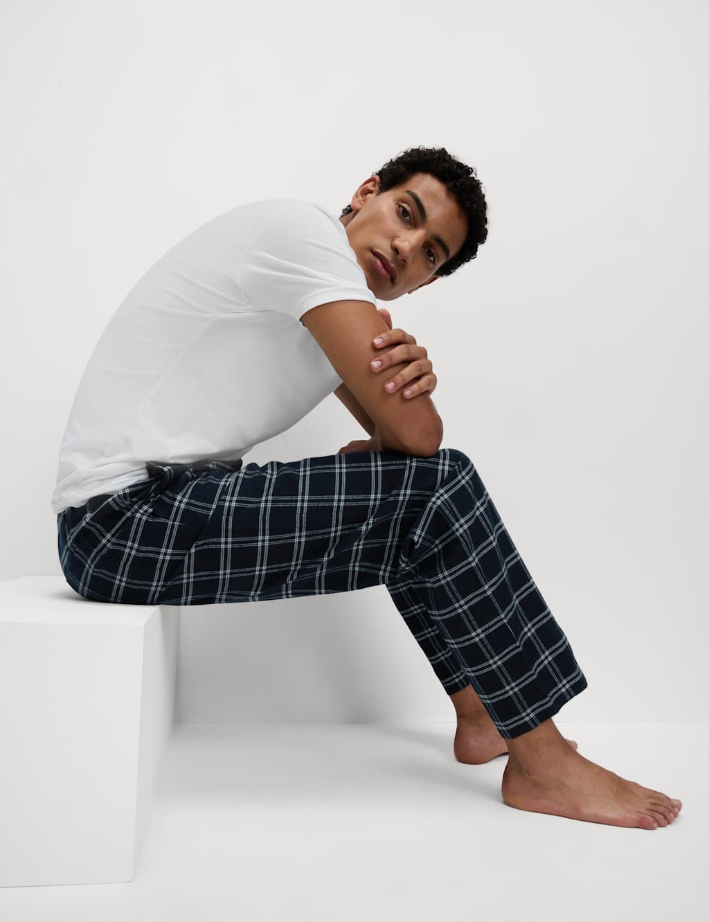 M&S Pure Cotton Checked Pyjama Bottoms Navy Mix