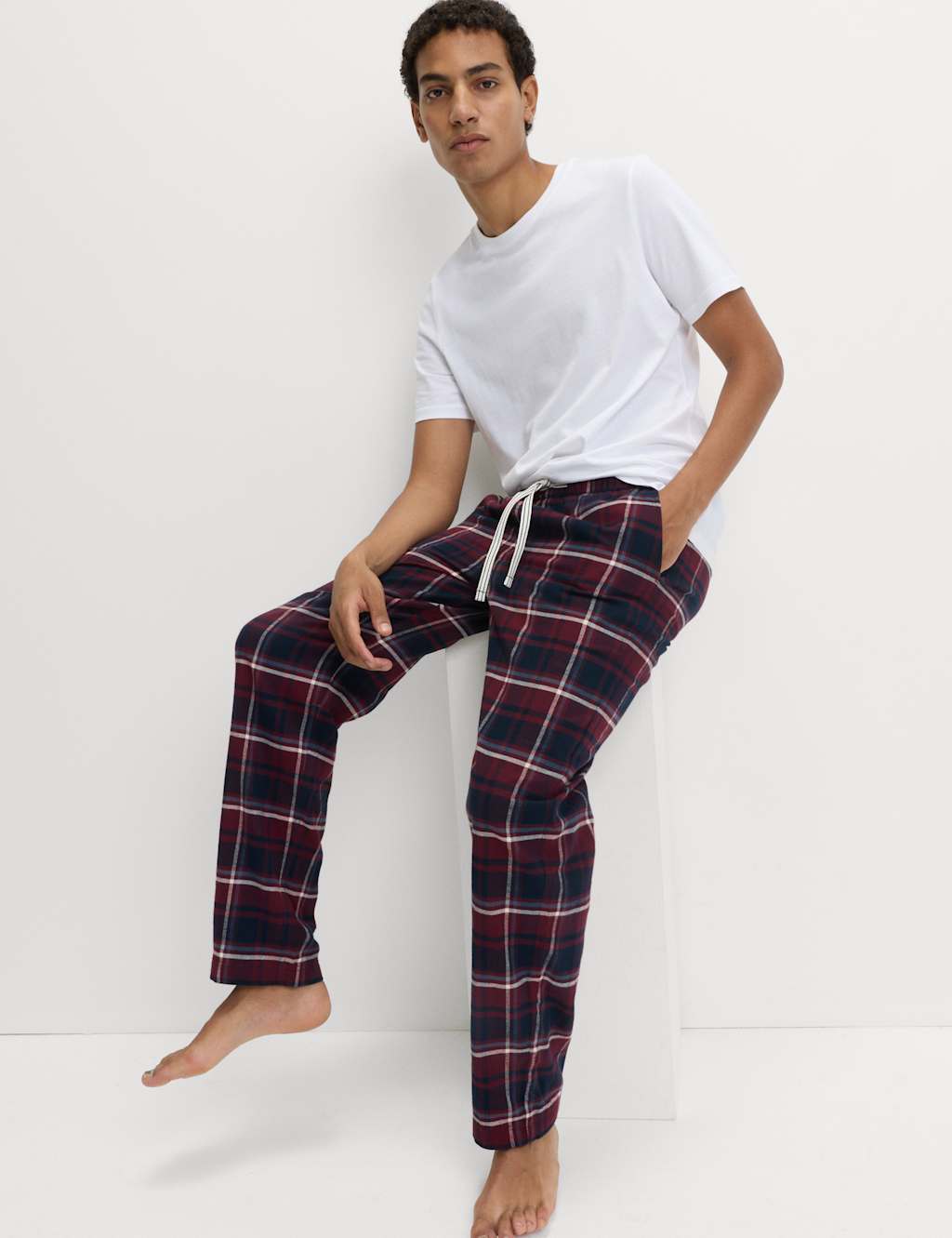 M&S Pure Cotton Checked Loungewear Bottoms Burgundy Mix