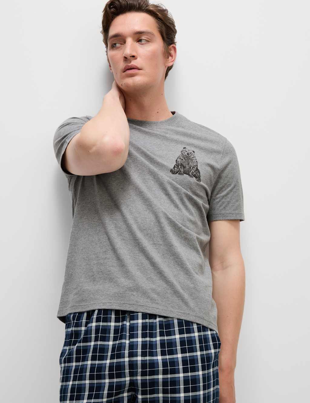 M&S Pure Cotton Bear Graphic Loungewear T-Shirt Grey