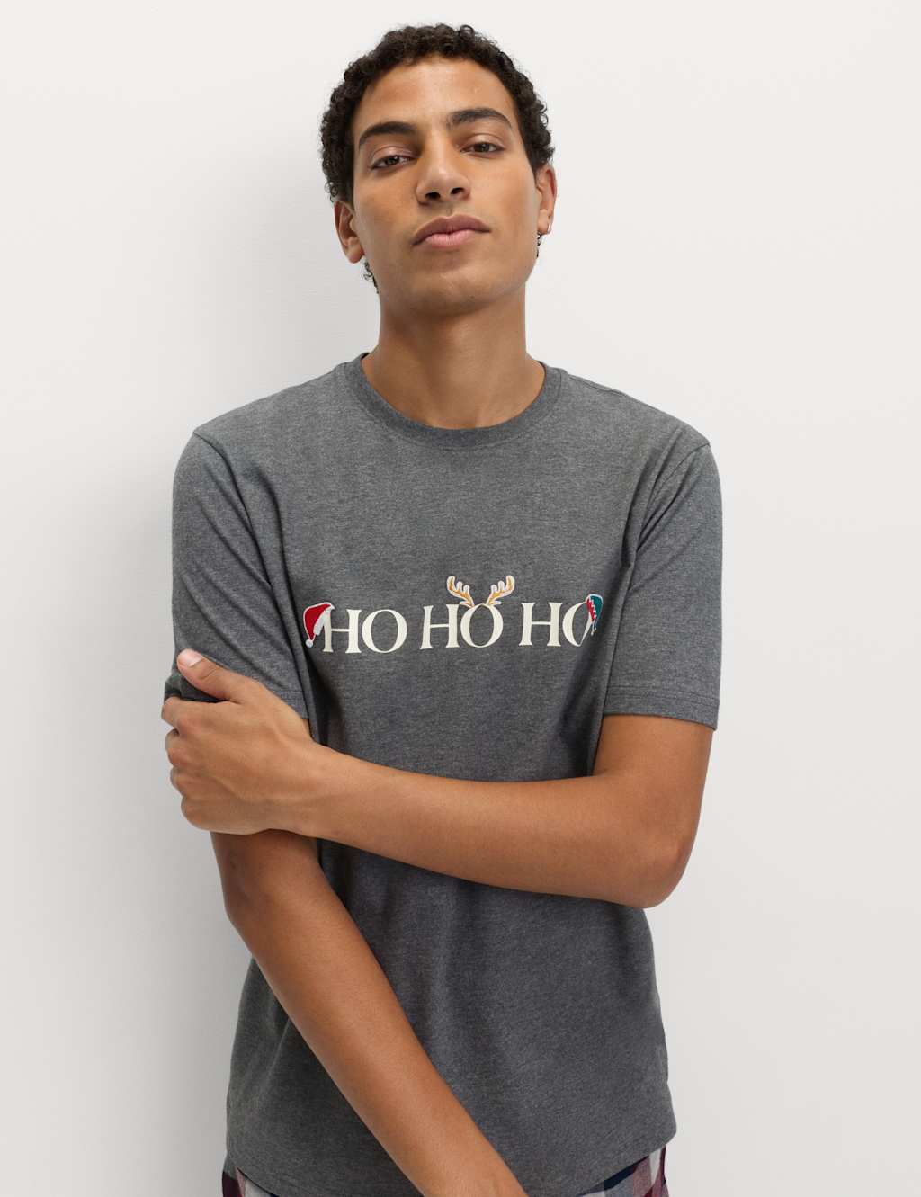 M&S Pure Cotton Ho Ho Ho Loungewear Top Grey Marl