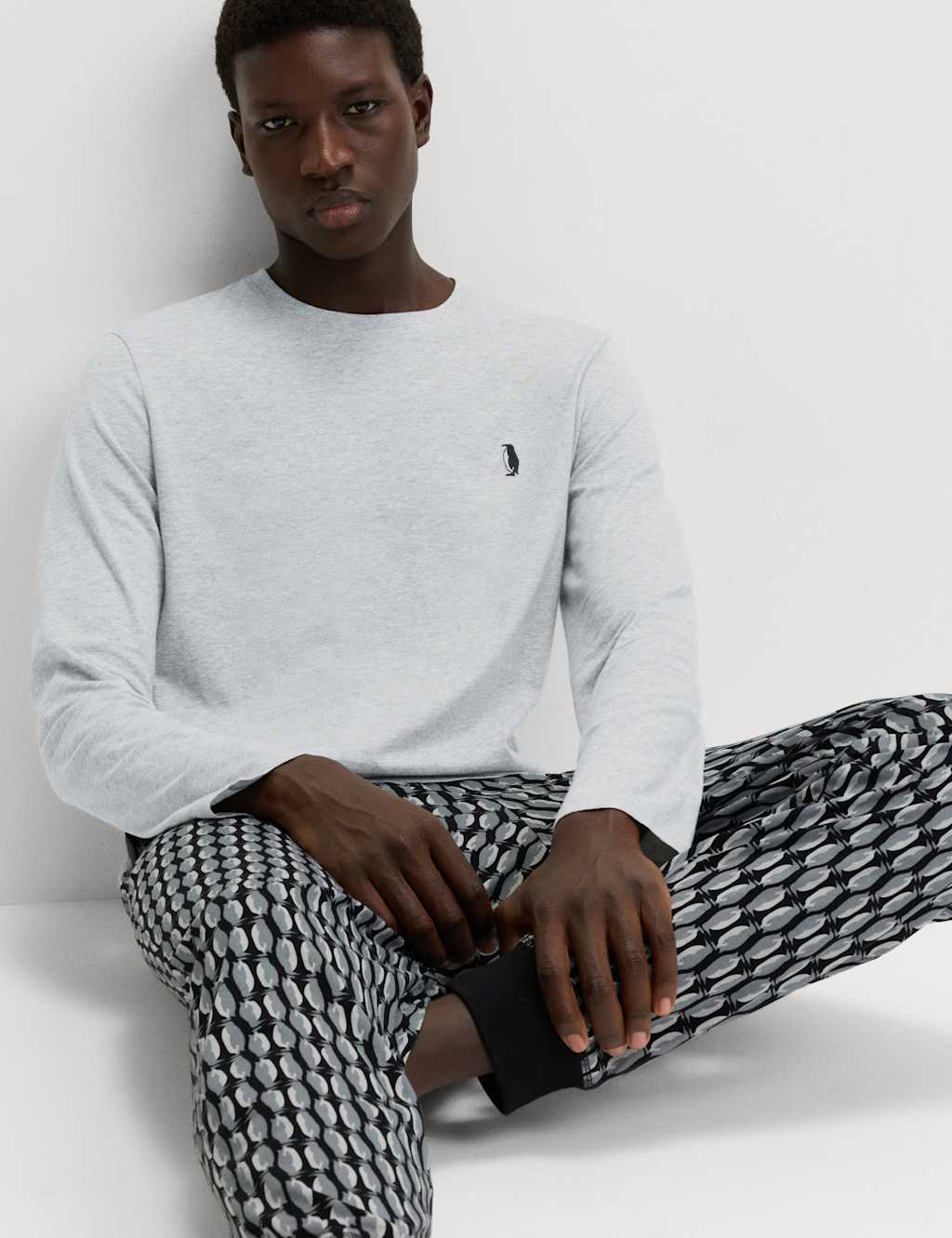 M&S Pure Cotton Penguin Print Pyjama Set Grey Mix