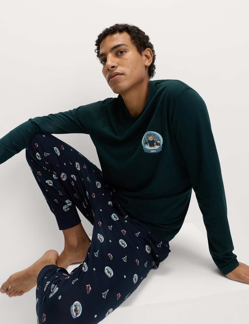 M&S Pure Cotton Spencer Bear Pyjama Set Green Mix