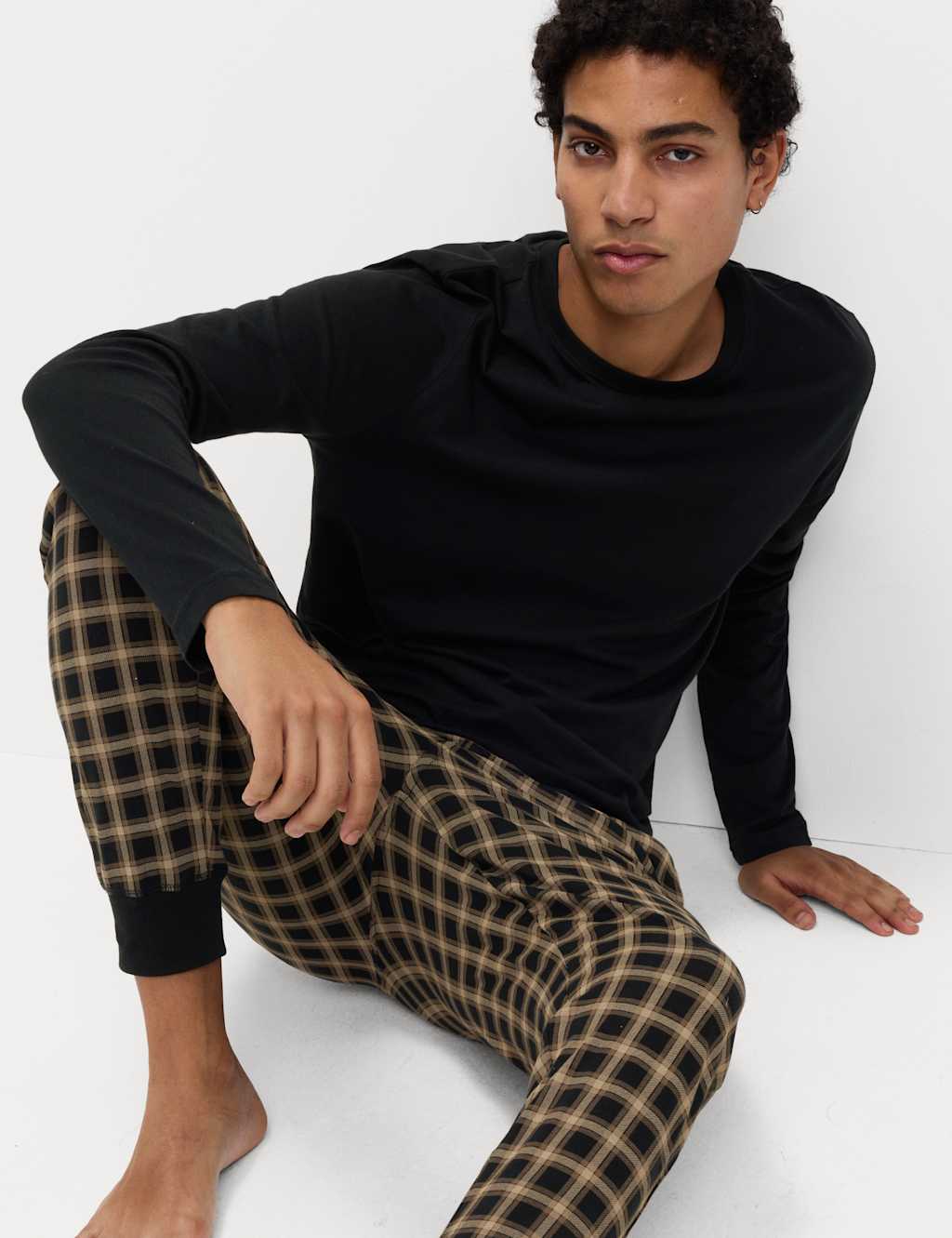 M&S Pure Cotton Checked Jogger Pyjama Set Black Mix