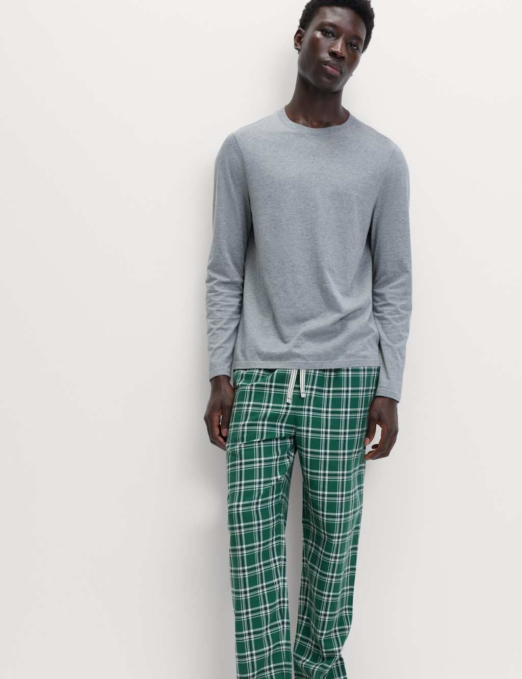 M&S Men's Pure Cotton Checked Loungewear Bottoms - M - Green Mix
