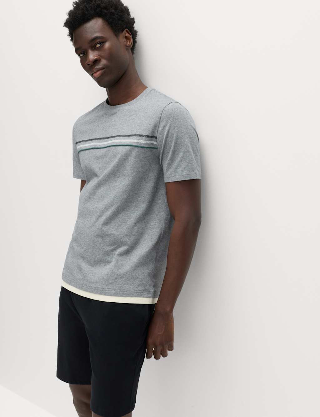 M&S Men's Pure Cotton Striped Loungewear Top - XL - Grey