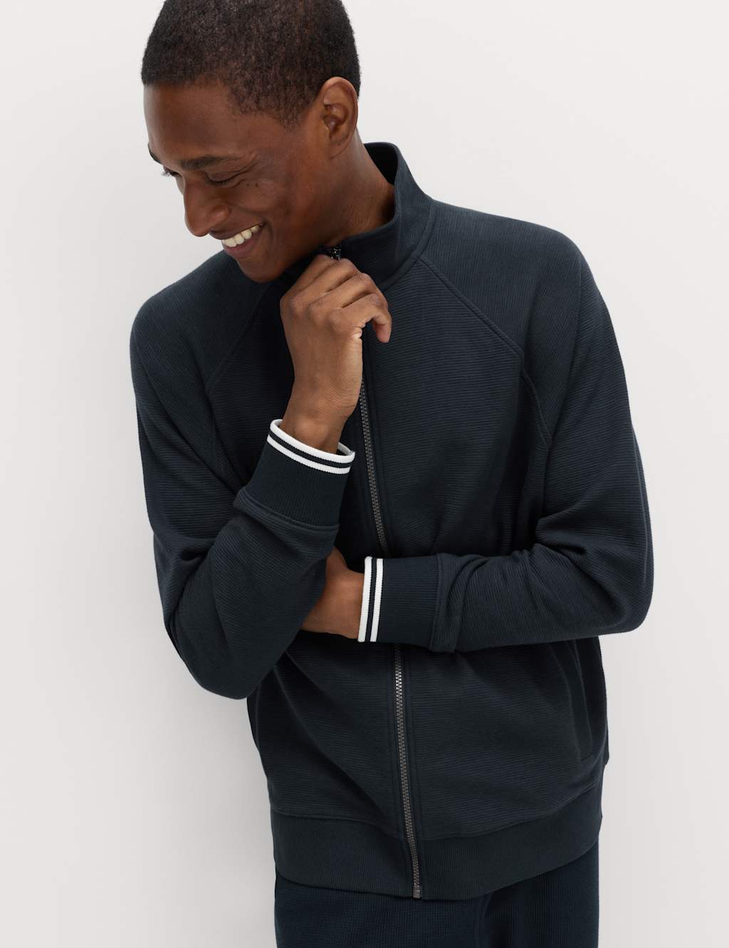 M&S Men's Cotton Rich Rib Zip Up Loungewear Top - M - Navy