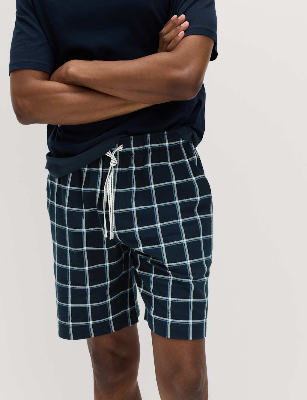 M&S Men's Pure Cotton Woven Checked Pyjama Shorts - 2XL - Navy Mix