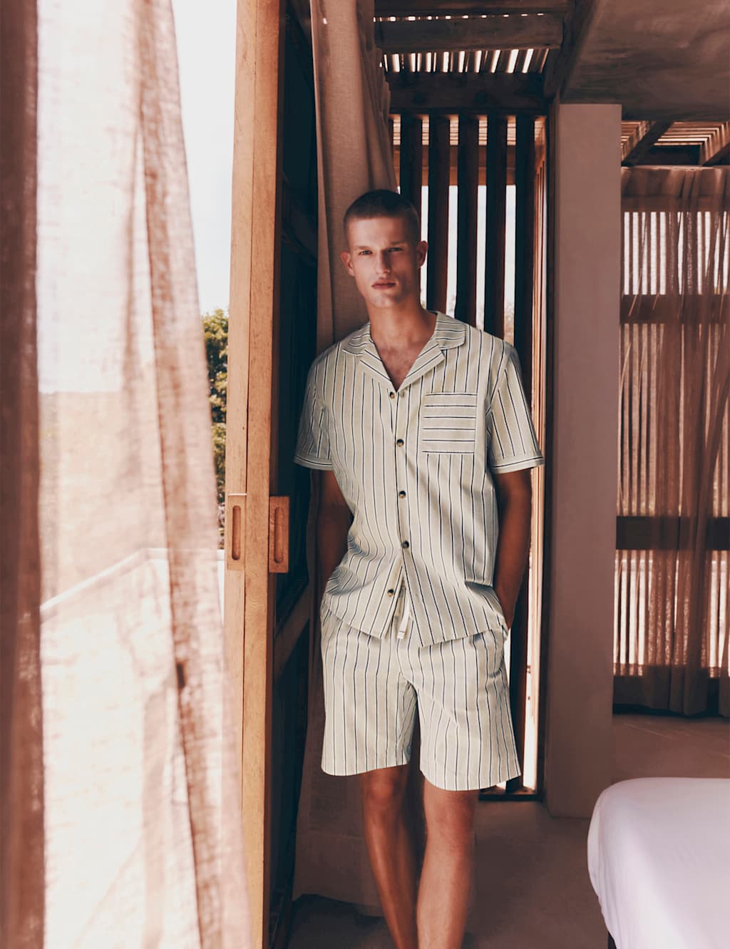 M&S Men's Pure Cotton Striped Pyjama Top - L - Neutral