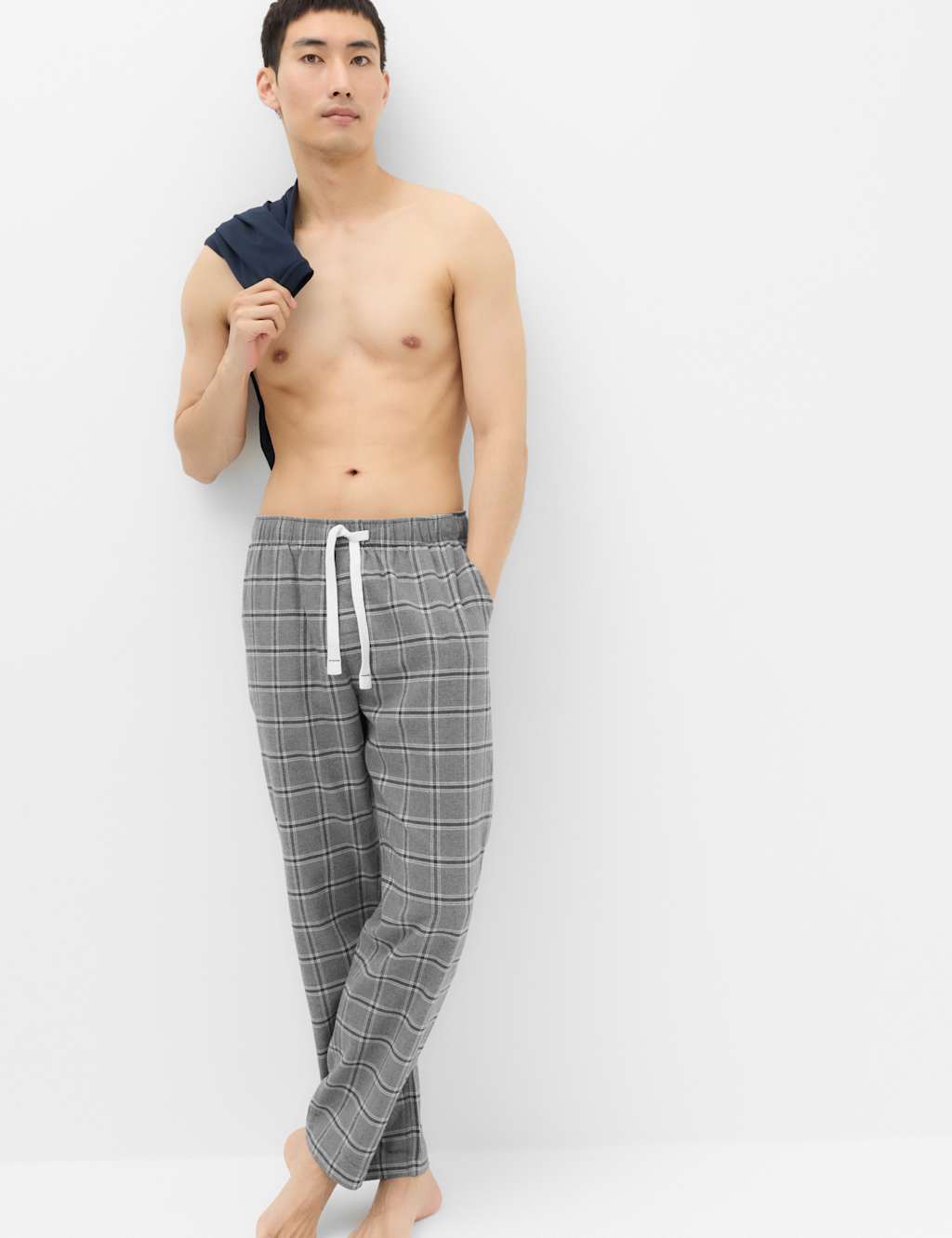 M&S Men's Pure Cotton Checked Loungewear Bottoms - M - Grey Mix