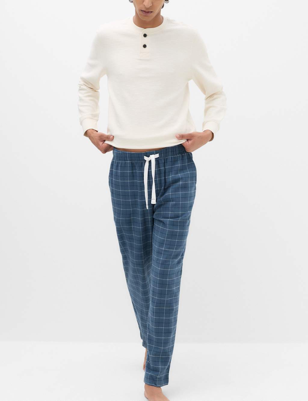 M&S Men's Pure Cotton Checked Pyjama Bottoms - 2XL - Blue Mix