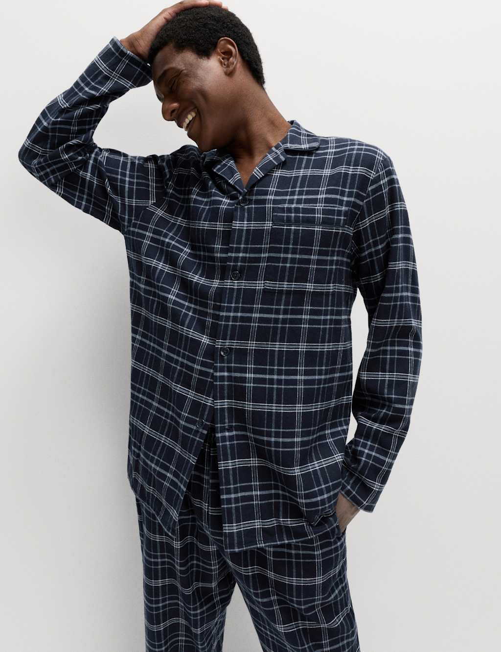 M&S Pure Brushed Cotton Checked Pyjama Set Navy