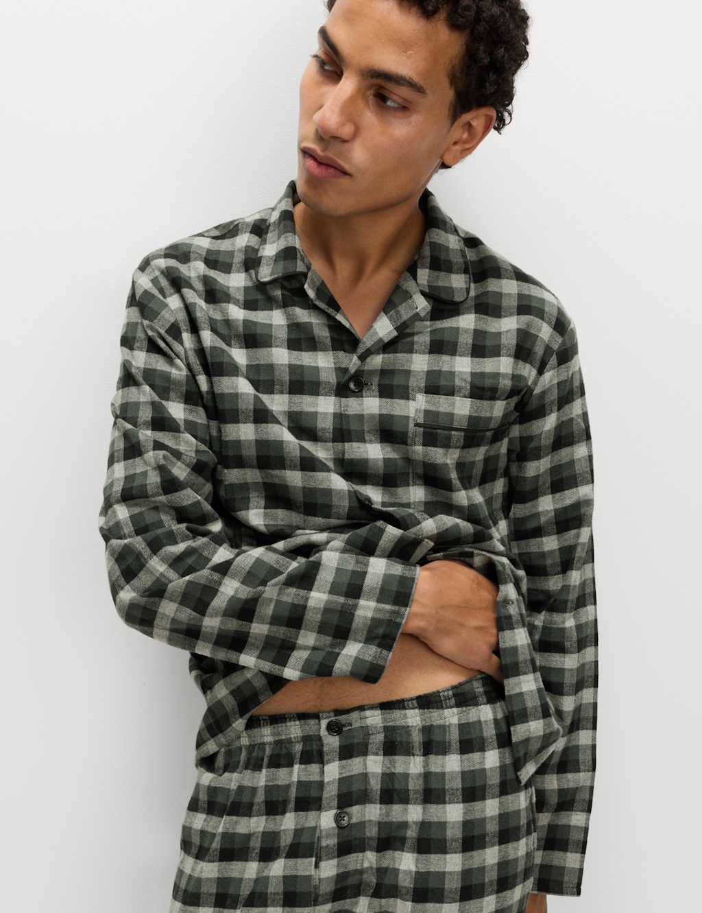 M&S Brushed Cotton Checked Pyjama Set Grey Mix