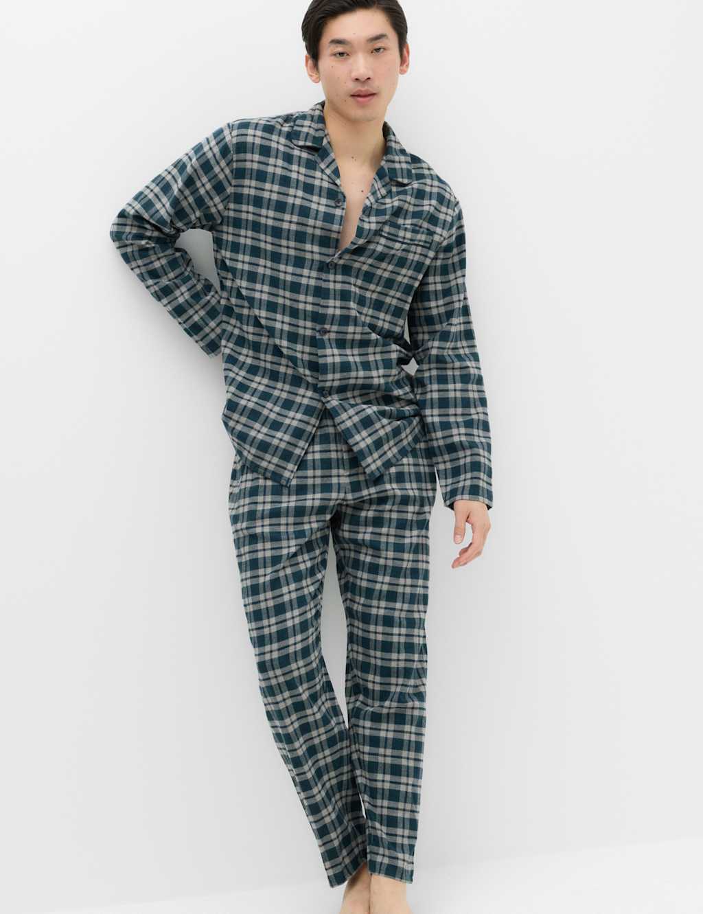 M&S Men's Pure Cotton Brushed Check Pyjama Set - S - Green Mix
