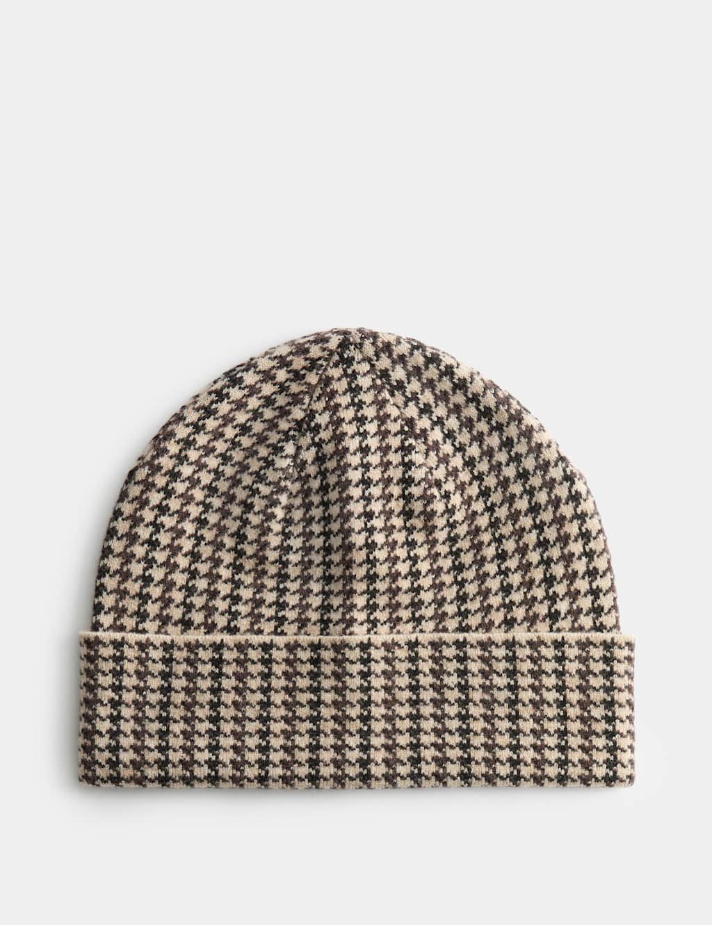 M&S Men's Houndstooth Knitted Beanie Hat - Brown Mix