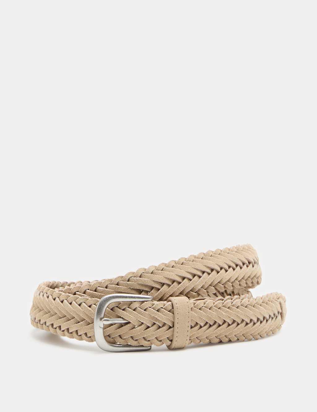 M&S Men's Slim Suede Plaited Belt - 42-44 - Sand