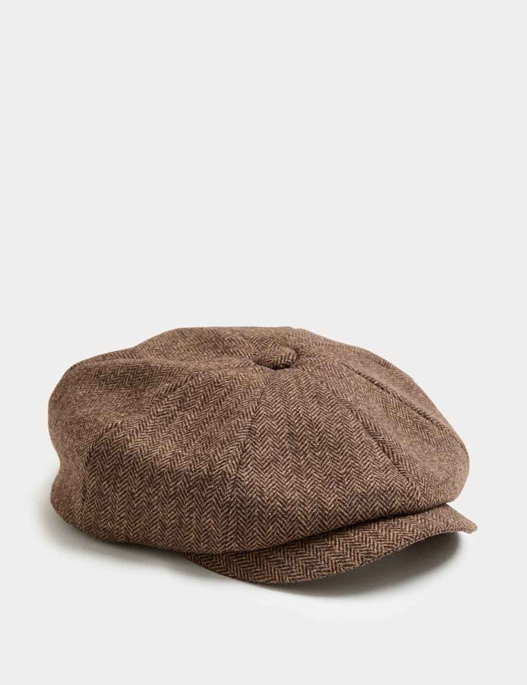 M&S Herringbone Wool Blend Baker Boy Hat Brown Mix