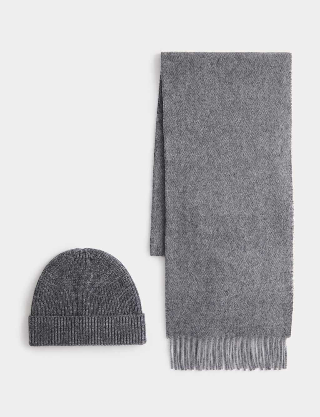 Autograph Merino Wool Herringbone Knitted Hat & Scarf Set Grey Mix